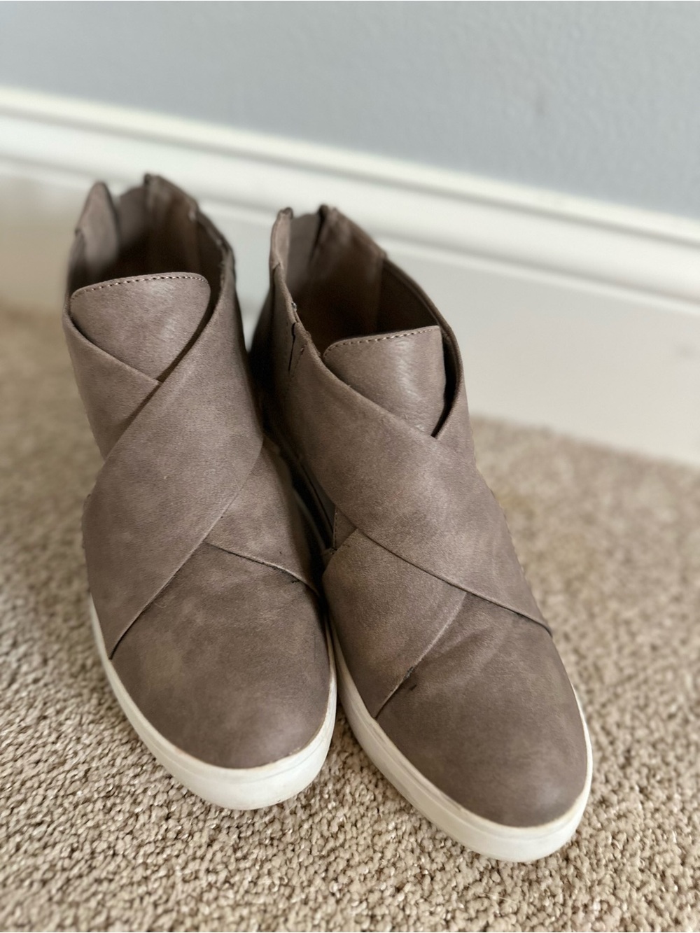 Charming Charlie Taupe Crisscross Slip-On Sneakers